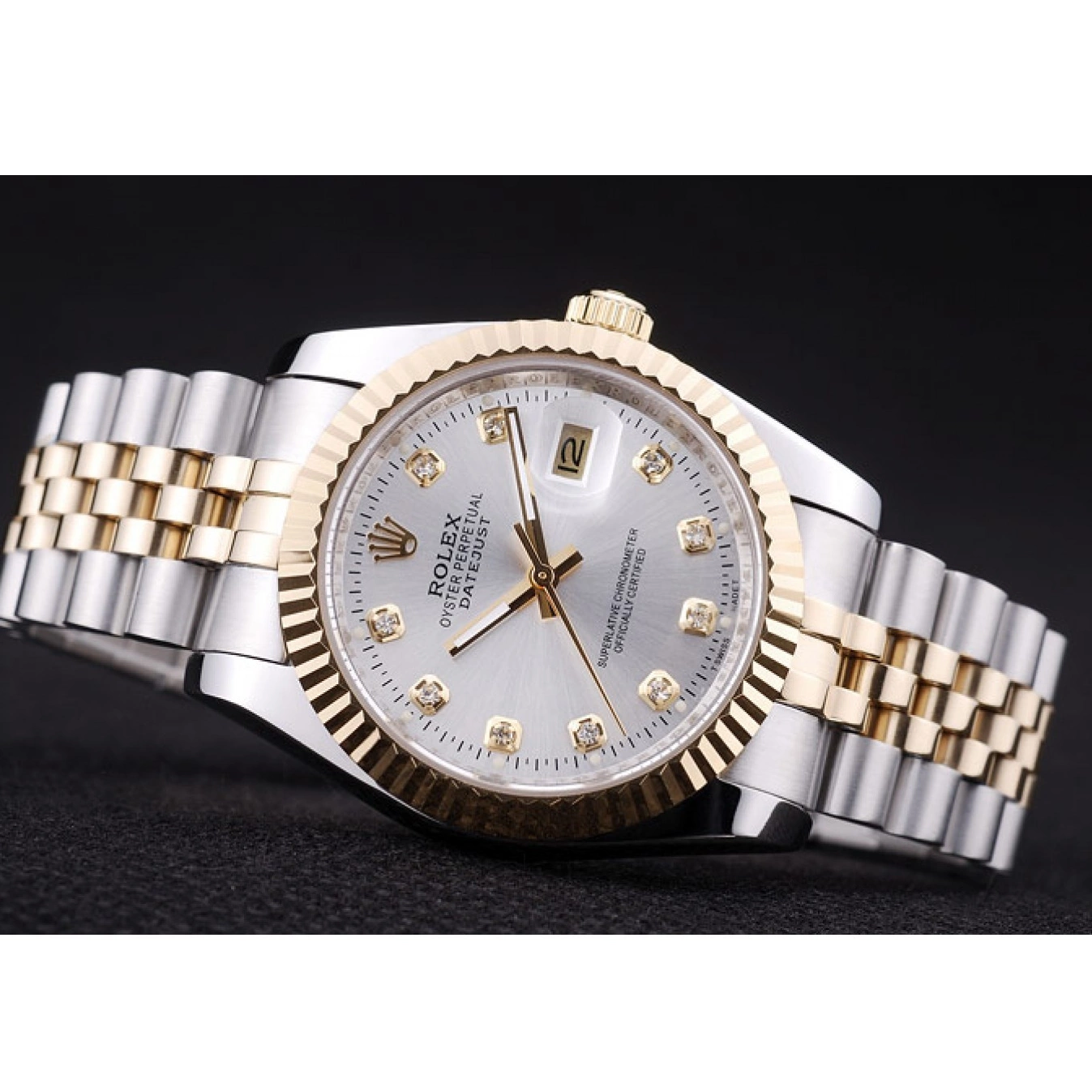 Aaa replica Diamonds Silver 7454 Rolex Bezel Datejust Ribbed Dial 0818
